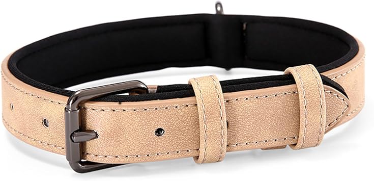 Reflective PU Leather Dog Collar, Soft Padded Breathable for Small Medium Large Dogs, Adjustable Pet Collar with Alloy Buckle Khaki M