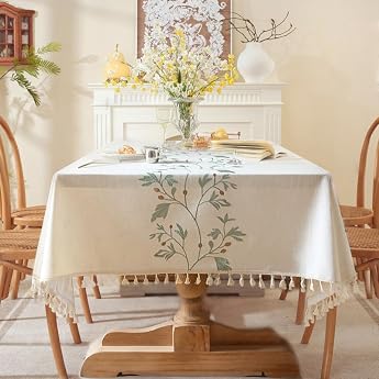 Washable Cotton Linen Tablecloths Rectangular Waterproof with Tassels Tablecloth Modern for Kitchen Outdoor Table Decoration White 140 x 140 cm