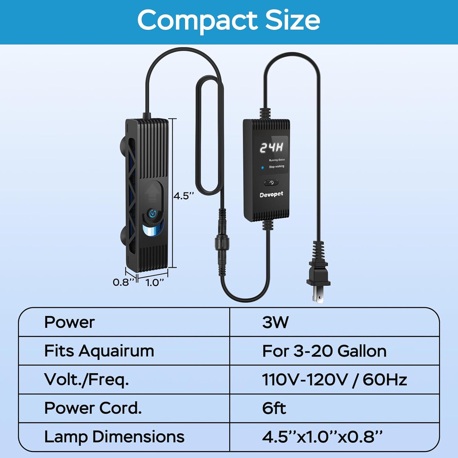 Aquarium U-V Light, Al-gae Control Light with 1-24H Timer, Compact Green Water Clean Lamp with Protective Shield, 3W for 3-20 Gallon Freshwater and Saltwater Tanks