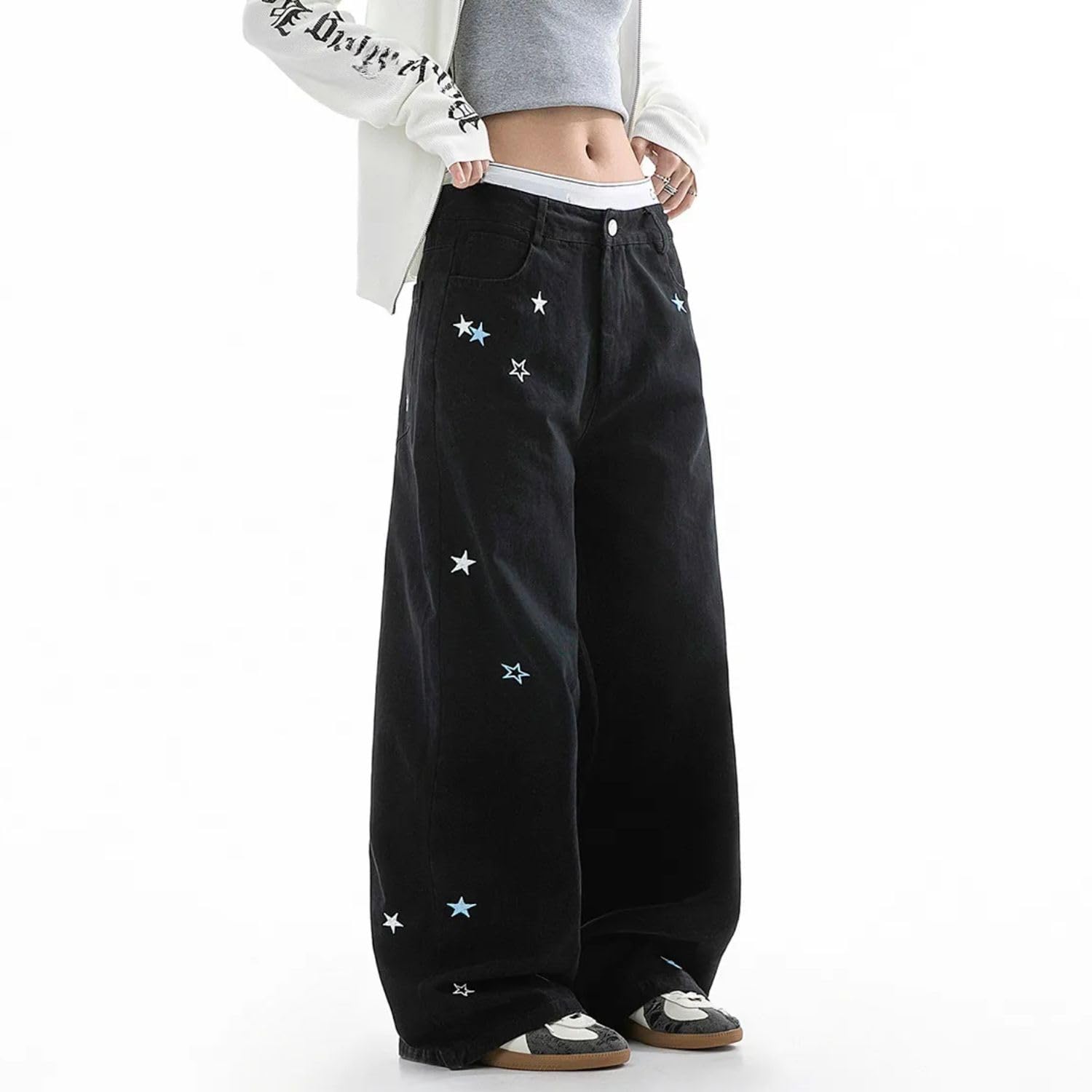 Star Jeans for Women Girls Baggy Cute Patchwork Denim Pants Y2k High Waisted Jeans Grunge Aesthetic Clothes: Black3 Small