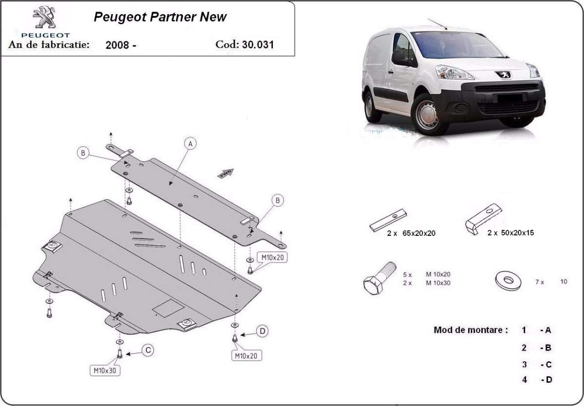 Protection sous moteur métallique compatible avec Peugeot Partner Tepee (2008-2020) Scut Protection