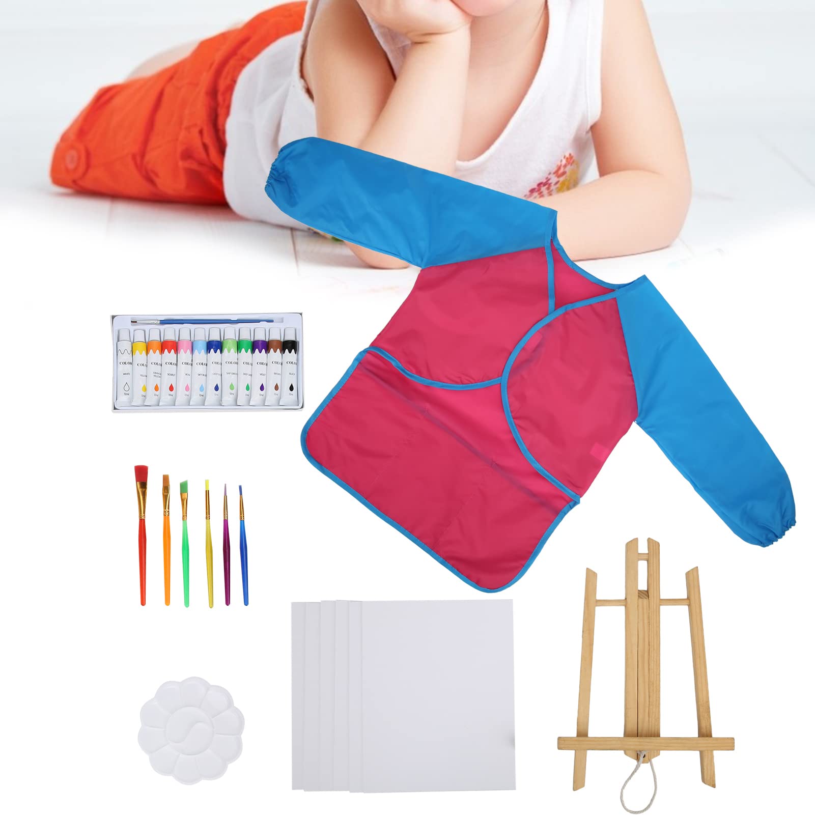 Juego de pintura acrílica para niños, kit de pintura artística para niños con caballete de madera, 12 colores vibrantes, 6 pinceles, bata, caballete de mesa portátil para el hogar (Rosa roja)
