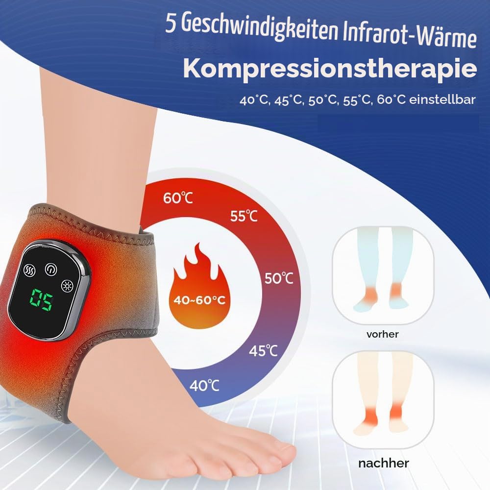 Elektrisch Fußmassagegerät Tragbares kabelloses Knöchelmassagegerät mit 1800mAh Akku, 5 Wärmestufen 3 Vibrationsmodi, Aufladbare Massagegerät für Knöchel, Ferse, Sohle, Fußrücken