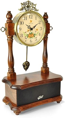 Pyle Reloj de estilo vintage 2 en 1, altavoz Bluetooth retro, reloj de mesa, madera de abedul hecha a mano, reloj de cuarzo, carga USB, sistema de
