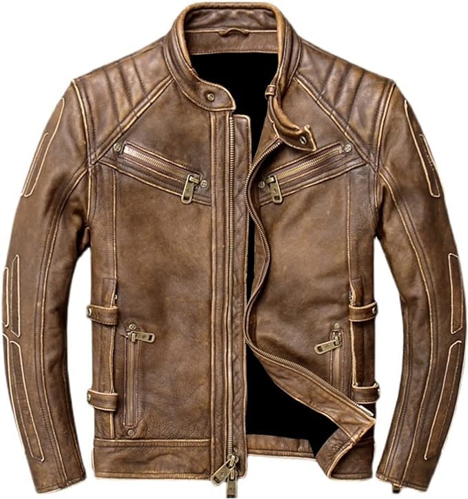 Image of inchClassic Brown Cowhide Men's Genuine Leather Jacket: Stand Collar Trucker Motorcycle Biker Vintage Style inch