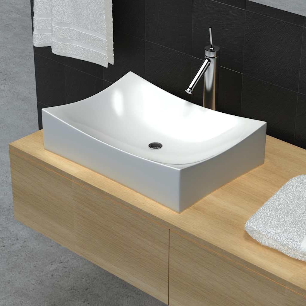 Błyszcząca biała umywalka ceramiczna do montażu na górze | Nowoczesny design, skośne ściany boczne, płaskie dno, odporne na zarysowania, łatwe do czyszczenia