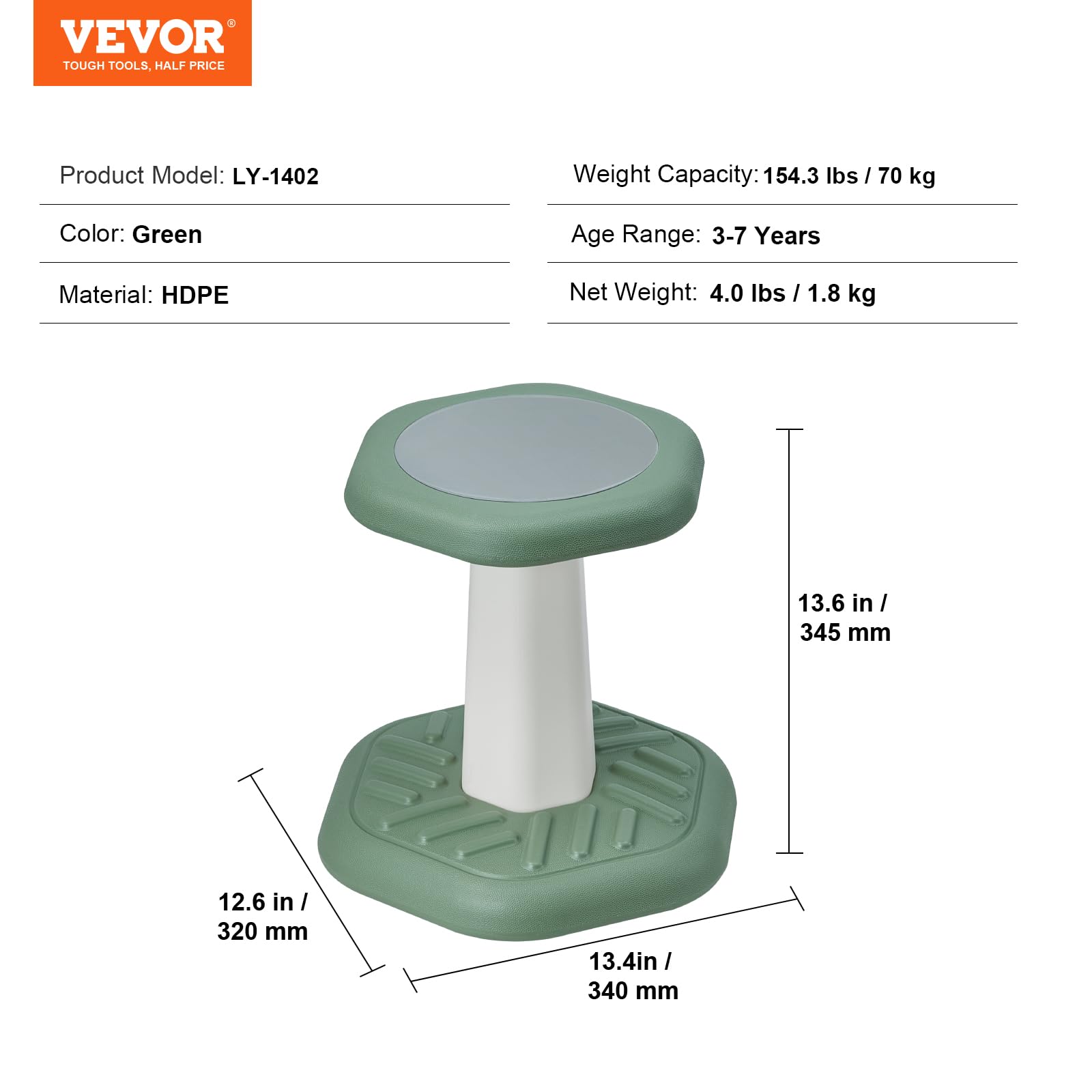 VEVOR Tabouret Oscillant avec Coussin en Éponge, Capacité de Charge 70 kg, Siège Ergonomique, Vert