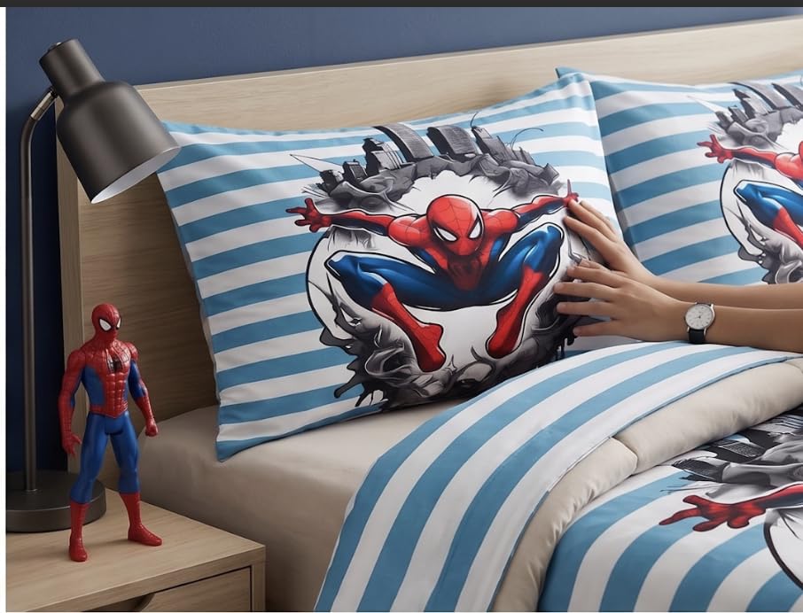 Image of Spider Man 7D Printed Bedsheet for Double Bed | Glace Cotton 7D Digital Print | 90x100 Inch (228x254 cm) | 1 Bedsheet + 2 Pillow Covers | Soft, Breathable & Vibrant Colour Bedding Set