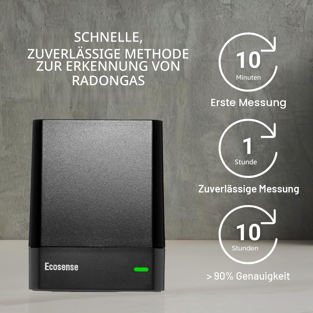 Ecosense EQ100 EcoQube, Digitaler Radon-Detektor, Schnelle Erfassung schwankender Werte, Kurz- & Langzeitüberwachung mit Trenddiagrammen, Fernzugriff auf Daten, Wi-Fi 2,4 GHz Netzwerke nur