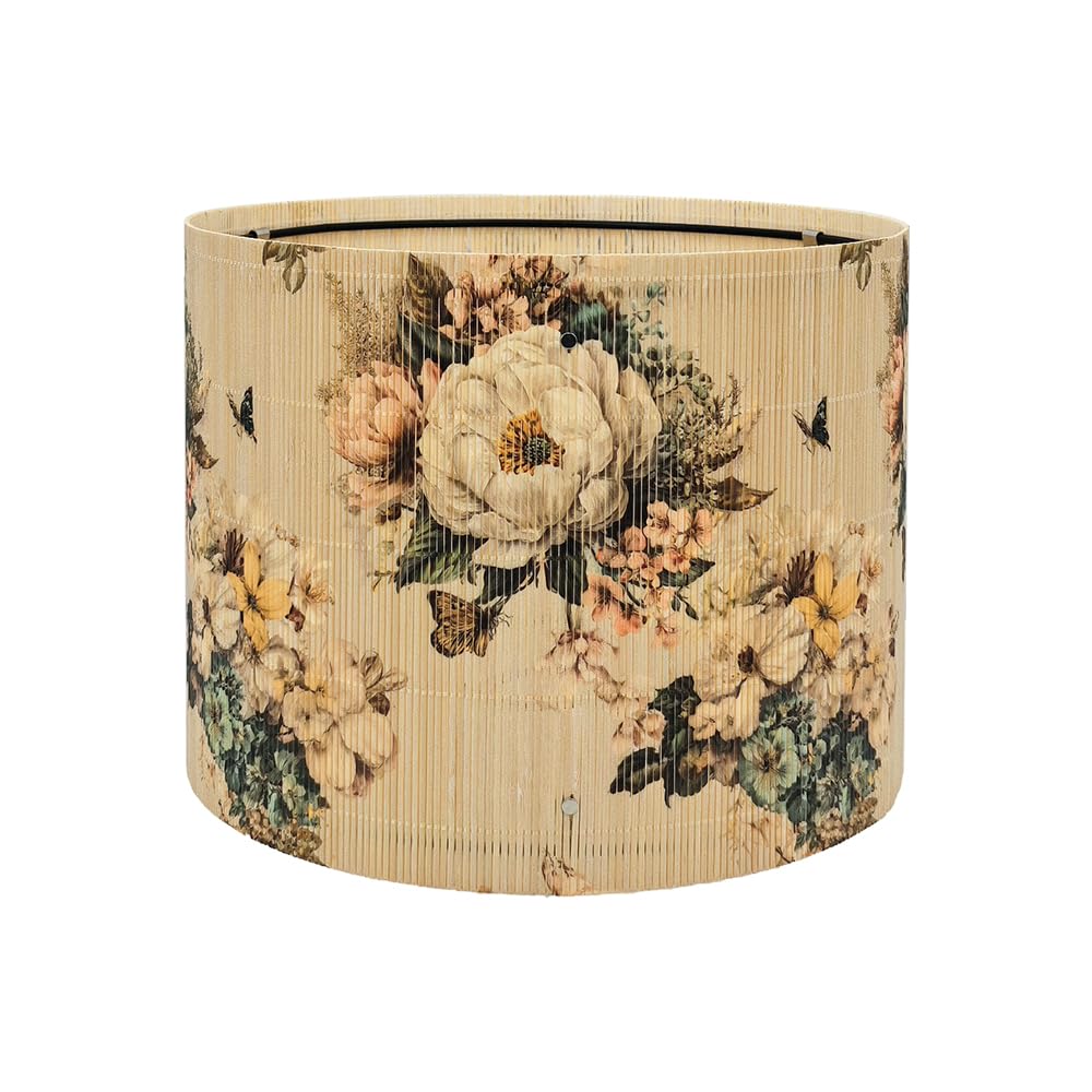 Bamboo Drum Lamp Shade for Table and Floor Lamps with Bird and Bamboo Art Design, 11.8 x 9 Inch, Elegant Style for Living Room Bedroom Office (Art Deco D)