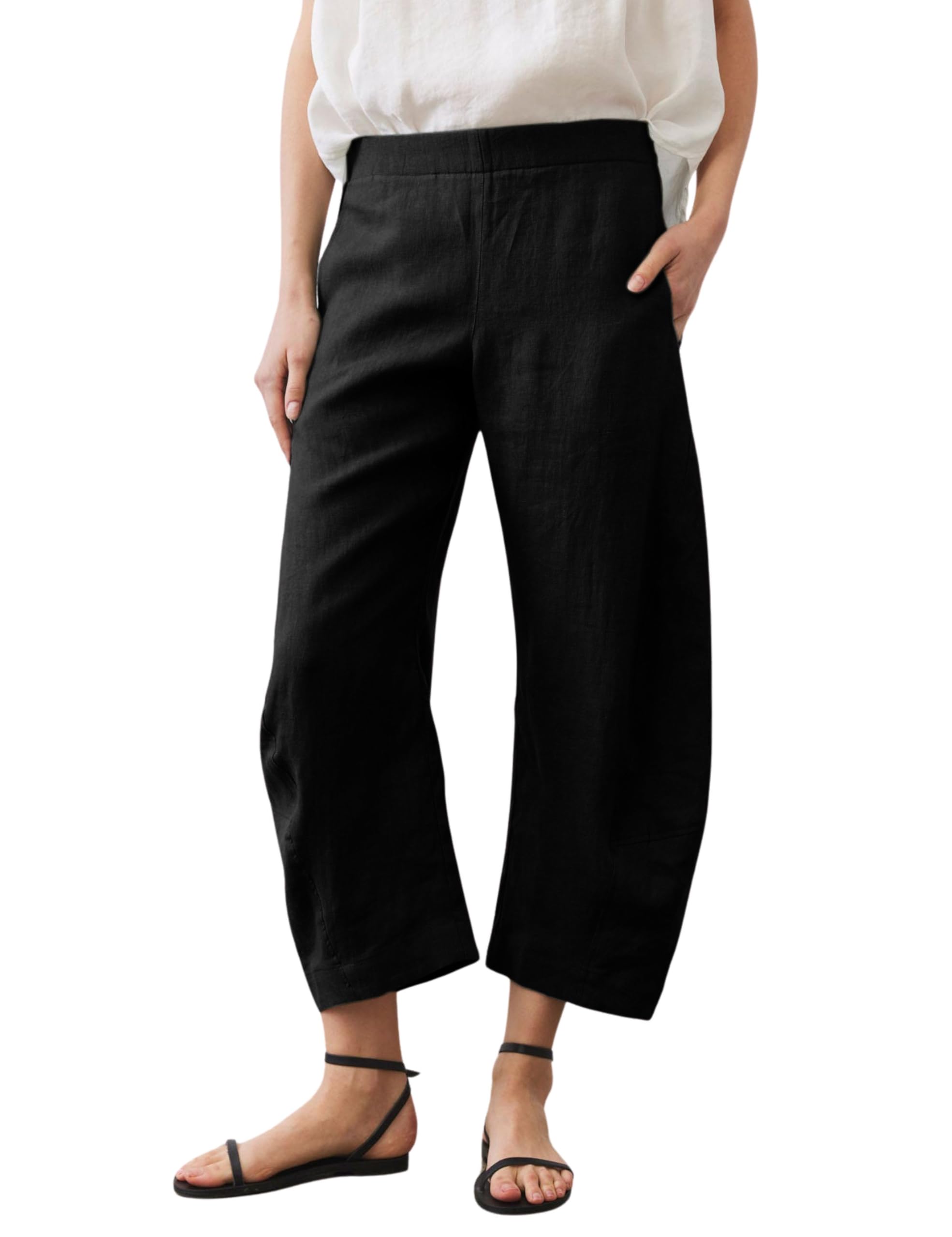 SeekMe Womens Cotton Linen Pants Barrel Leg Palazzo Elastic Waist Casual Capri for Beach Vacation