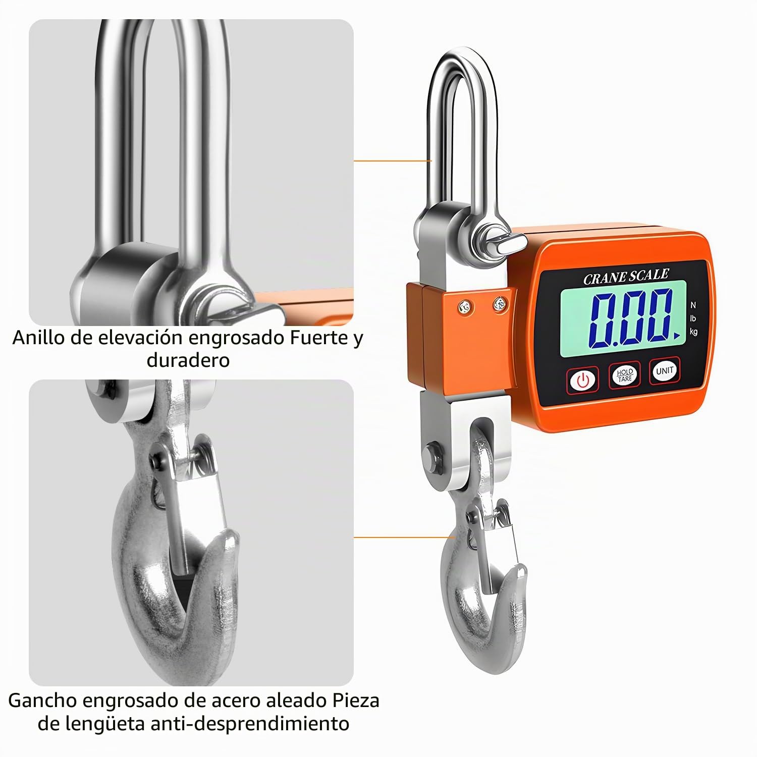 QUMOX Báscula digital de grúa de 500 kg – Báscula colgante resistente con pantalla LCD, función de tara/retención, múltiples unidades (kg/lb/N) – Báscula de gancho industrial para almacén, granja, uso