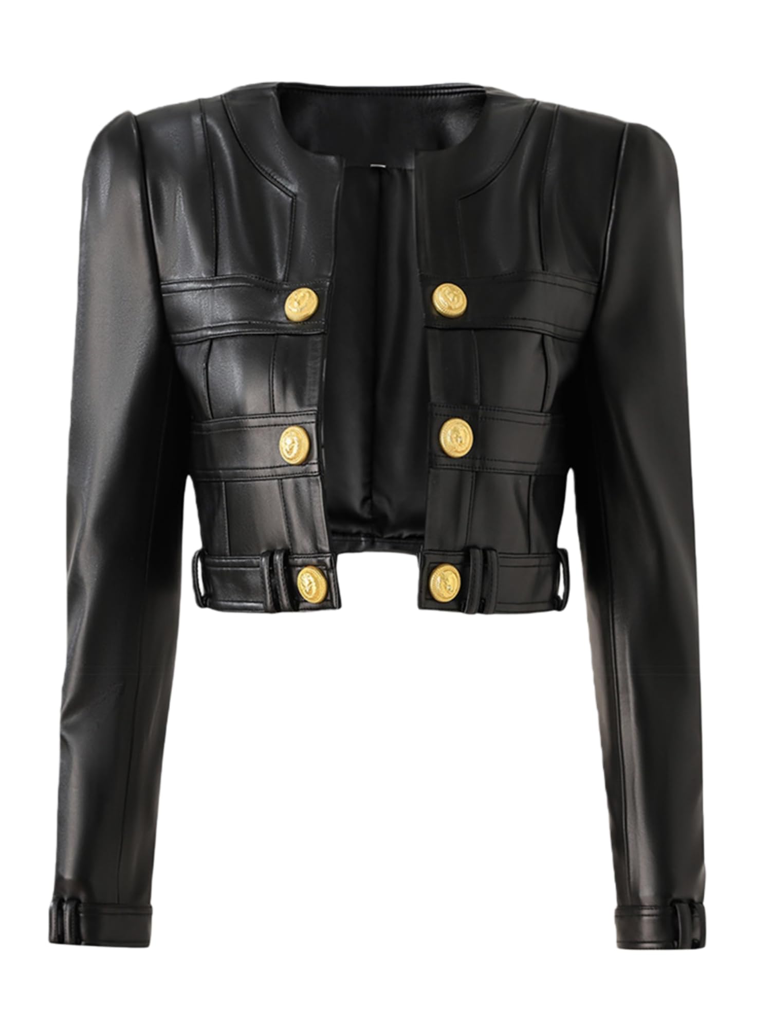 Designer Womens Cropped Faux Leather Jacket Gold Button Embellished Cropped Coat Slim-fit Military Style Coat