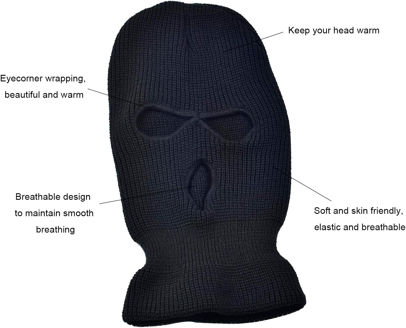 3 Hole Winter Mask, Full Face Cover Ski Mask, Thermal Winter Warm Knit Beanie Balaclava for Men, Black, One Size - Image 4
