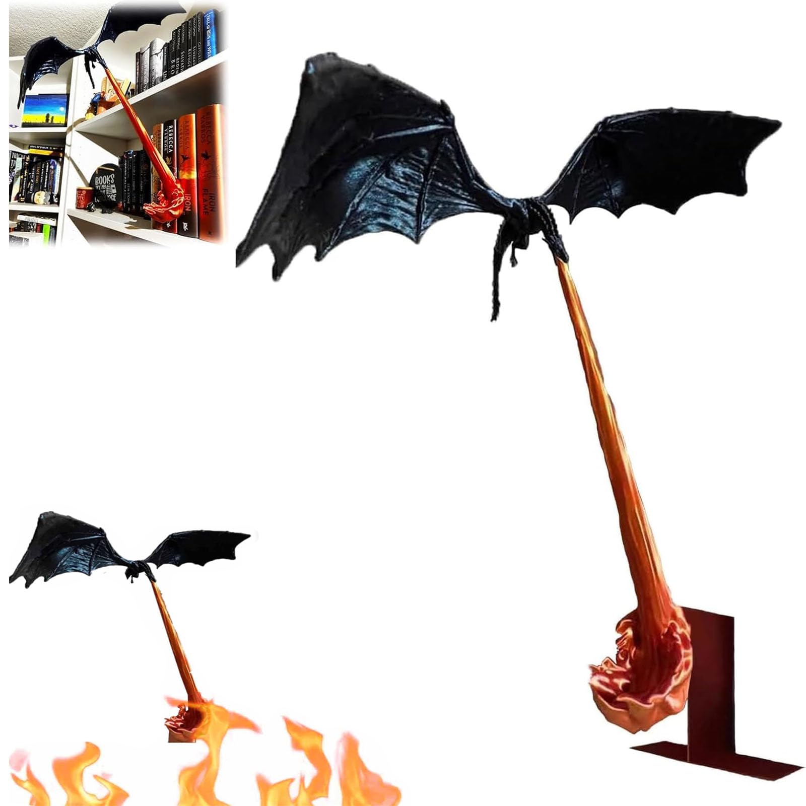 Rincón de libros de dragón con llama, sujetalibros 3D de dragón volador, decoración de estantería de dragón volador, estatua de dragón, rincón de libros, estantería gótica de dragón de fuego de