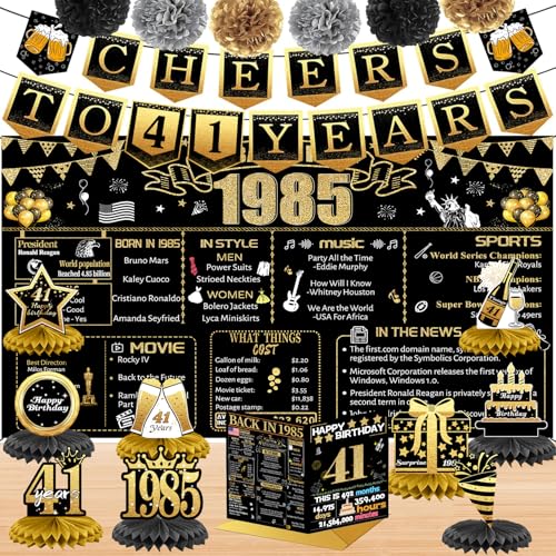 41st Birthday Decorations for Women Men 18PCS Black Gold Back in 1985 Banner Decorations Bday Backdrop 41 Year Old Banner for Her Him Birthday Card 6 Paper Poms 9 Honeycomb Balls