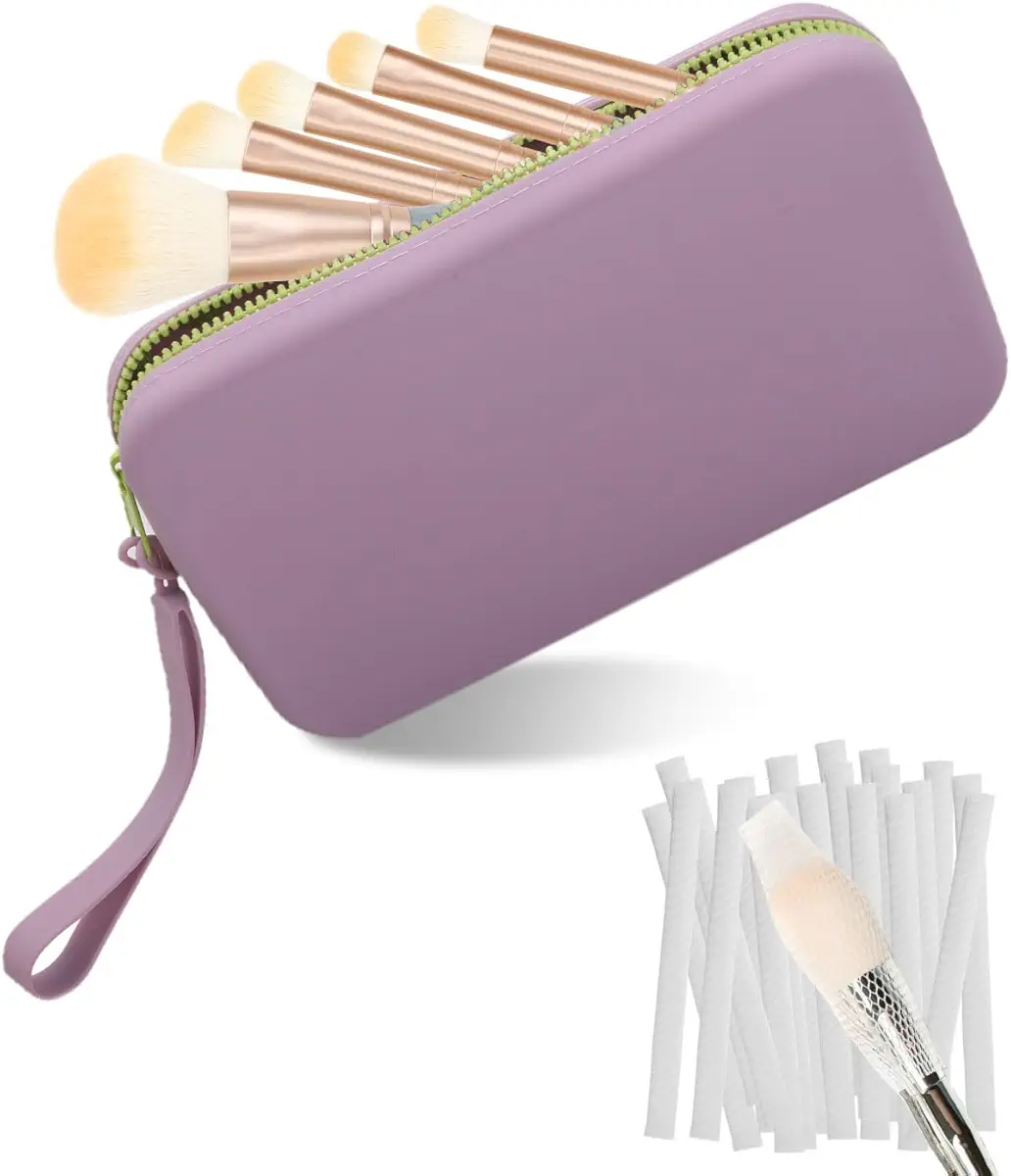 PGRODE Silicone Makeup Brush Holder Travel Makeup Brush Bag with 20 Pcs makeup brush net sleeve, Elegant Cosmetic Brushes Pouch Bag with Zipper, Sleek Travel Makeup Tools Organizer Bag (Purple-Large)