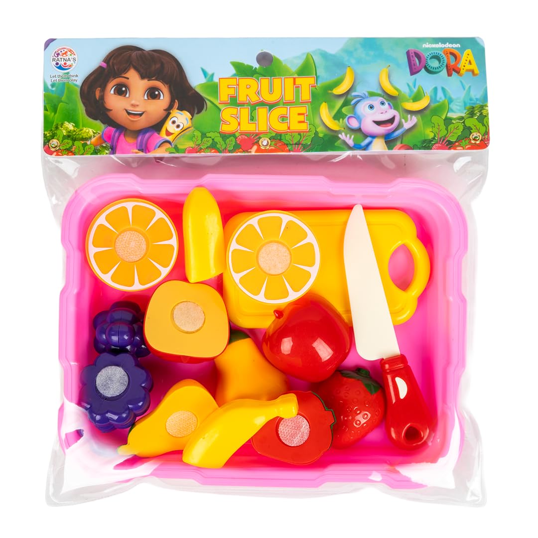 Dora Fruit Slice Cutting Toy Set, Realistic Sliceable Fruit Toys with Child Safe Plastic Knife, Chopping Board, Storage Tray, Pretend Play Kitchen Toys for Kids-image-18