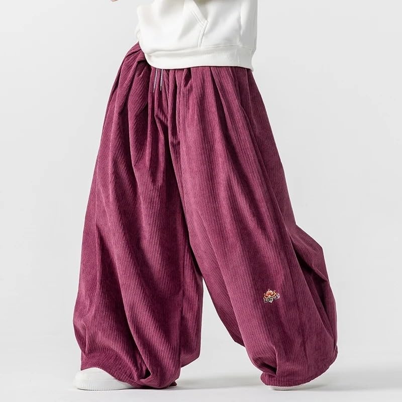 Men Corduroy Wide Leg Pants Men Japanese Styles Loose Thick Warm Casual Embroidery Hip Hop Trousers3