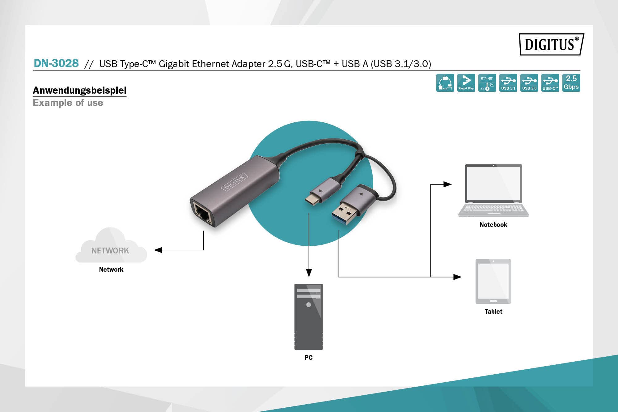 DIGITUS Adapter sieciowy USB - 2,5 Gbit/s - RJ45 do USB-C 3.1 - wraz z adapterem typu A - pełny dupleks - Auto MDI-X - szary