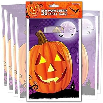 Kangaroo 50 Pcs Jack O Lantern Pumpkin Halloween Treat Bags with Handles Candy bag for Kids, Party Favor Spooky Gifts Bag for Classrooms, Carnivals & Costume Parties Halloween Bags for Kids