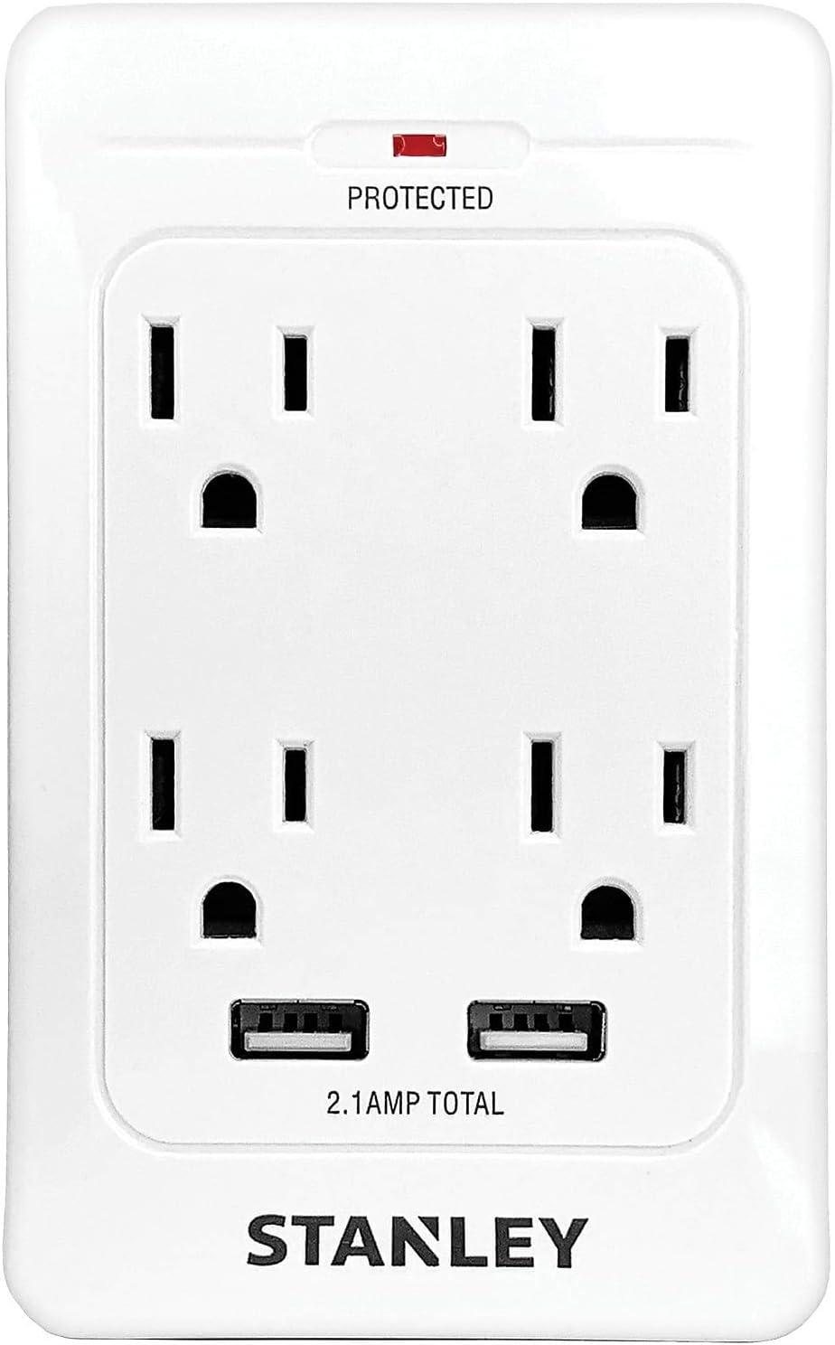 STANLEY SurgeQuad Surge Adapter 4 AC Outlets with 2 USB Ports 1080 Joules Surge Protection 2.1A USB Charging LED Indicator