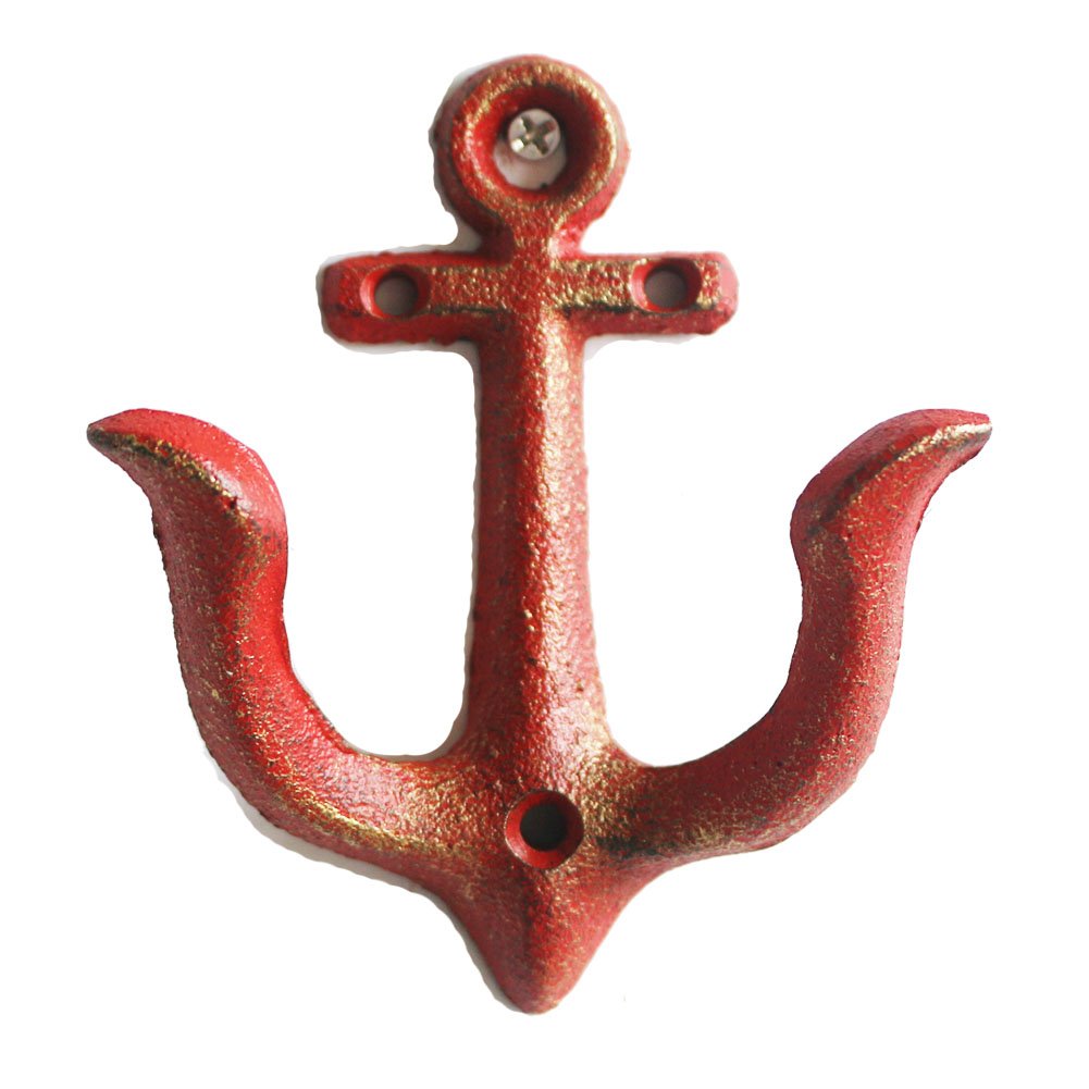 Kiaotime Red Vintage Rustic Cast Iron Nautical Anchor Design Wall Hooks Coat Hooks Rack, Decorative Wall Mounted Antique Shabby Chic Metal Home Bathroom Towel Coat Hooks Hanger