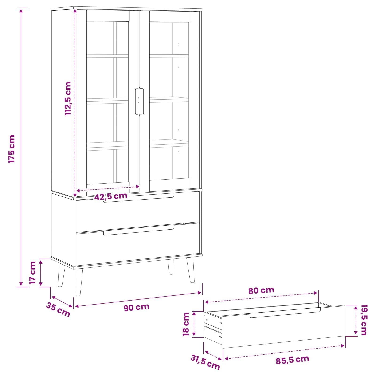 Vetrina in vetro Molde, 90 x 35 x 175 cm, in legno di pino massello, nero, con ante in vetro temperato e spazio per riporre oggetti, per soggiorno e camera da letto