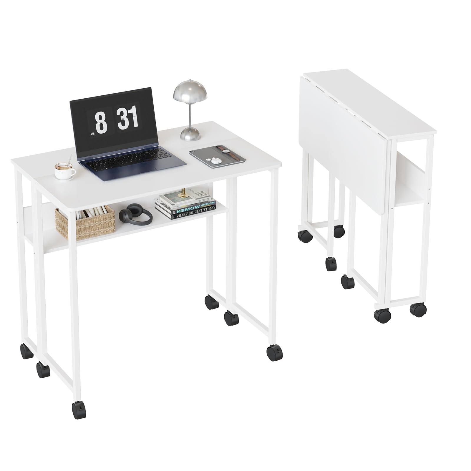 Bureau pliant compact sur roulettes blanc GarveeHome table d'ordinateur 63/80cm