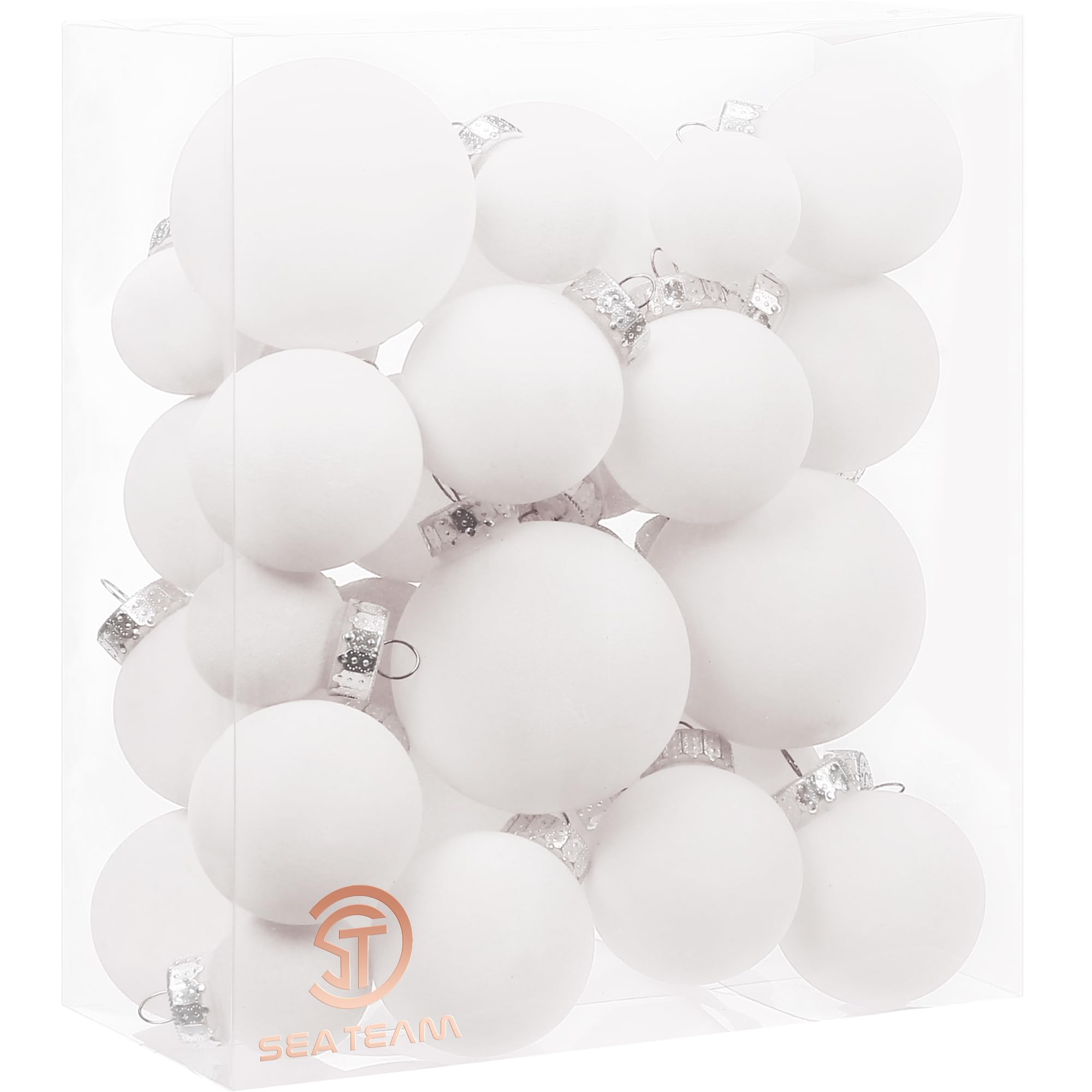 Sea Team 32 Boules Noël Velours incassables multitaille Blanc | Boules en velours floqué incassable, parfaites pour sapin, couronne, guirlande. Idéales pour Noël, mariage, fête.