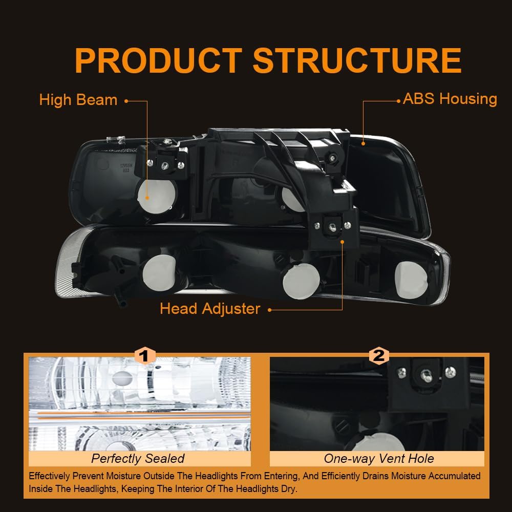 Headlight Assembly, Compatible with 1999-2002 Chevy Silverado 1500 2500/2001-2002 Silverado 1500HD 2500HD 3500HD Black Housing Amber Reflector