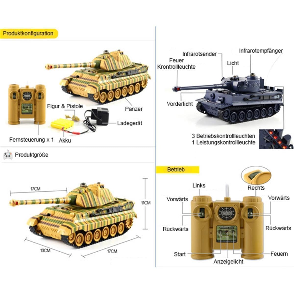 efaso Tanque teledirigido T-34 99815-27/40 MHz con función de disparo (simulación), sistema de combate por infrarrojos, torre giratoria con sonido y luz 1:28