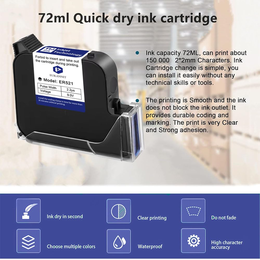 Cartouche d’Encre Original ER521, 72ml Encre à Solvant à Séchage Rapide de Remplacement pour 1inch/25.4mm Imprimante à Jet d’Encre Portable E15-1 / E11-1/ E16-1, Blanc