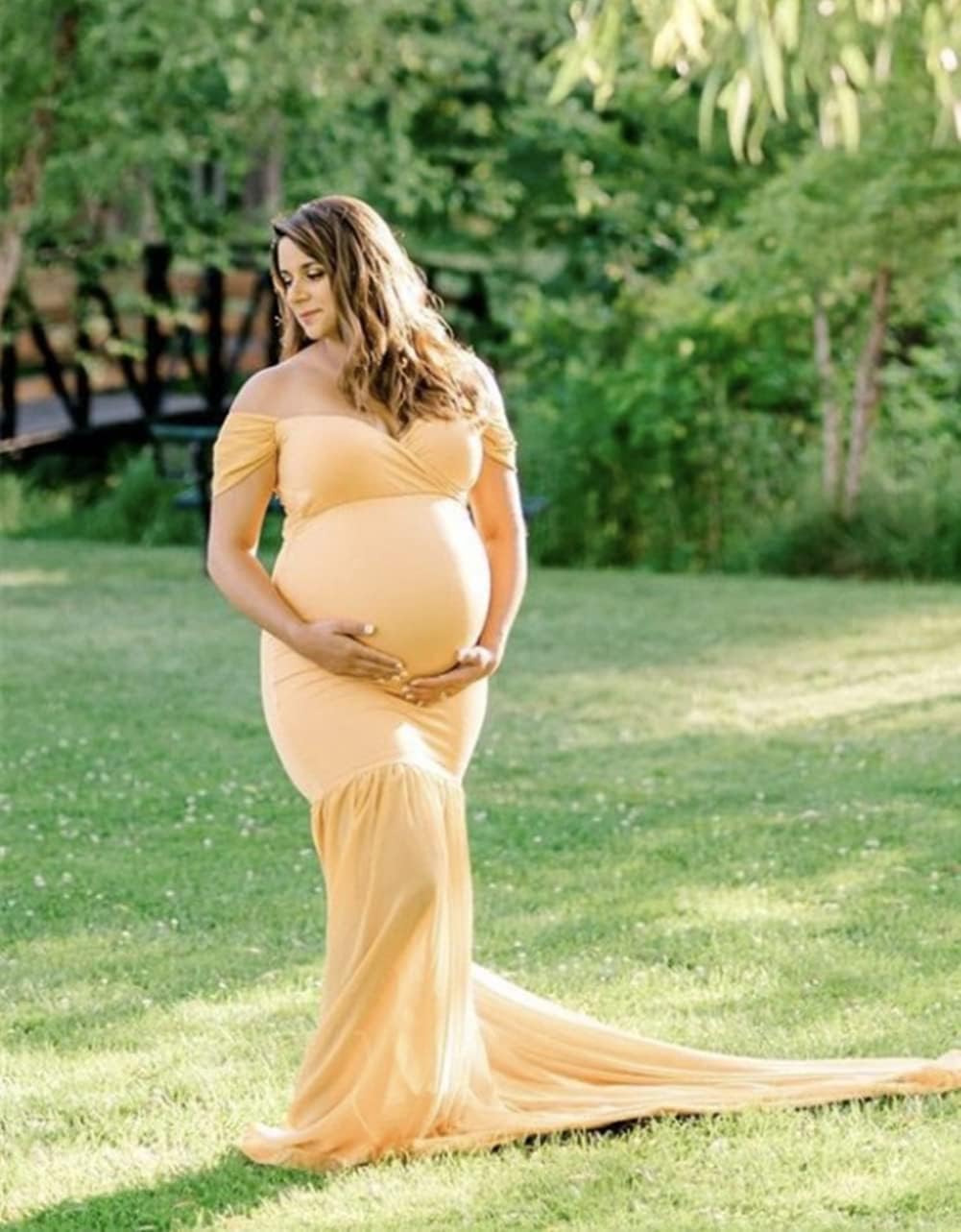 ZIUMUDY Maternity Chiffon Mermaid Gown Off Shoulder Dropped Sleeve Fitted Photo Shoot Photography Dress