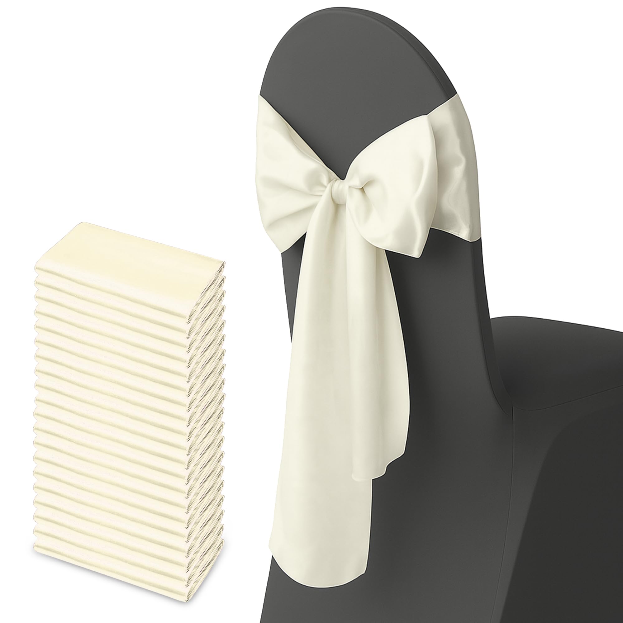Trimming Shop Ivory Satin Chair Sash Wider Fuller Bows Chair Sashes Hammed Edges Bow Back Tie for Wedding Birthday Party Banquet Event Decoration, 25pcs — image 1