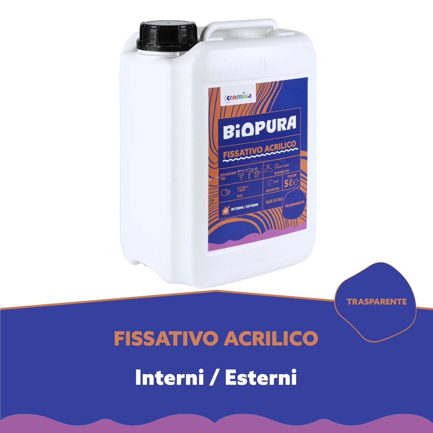 Cromika BIOPURA Fissativo Acrilico Trasparente per Interni ed Esterni, Isolante ad Acqua per Muri Made in Italy (Trasparente, Litri 5)