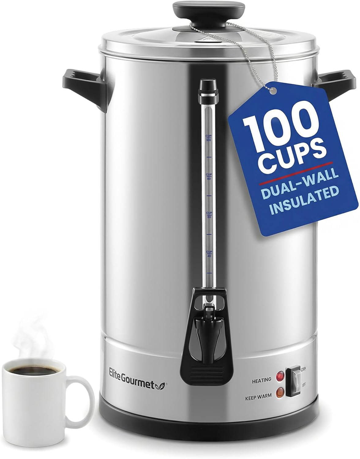 Elite Gourmet 100-Cup Commercial Coffee Urn & Hot Water Boiler – Dual-Wall Insulated, Tested to Keep Coffee Hot for 24 Hours, Dripless Faucet, Stainless Steel for Offices, Churches & Catering