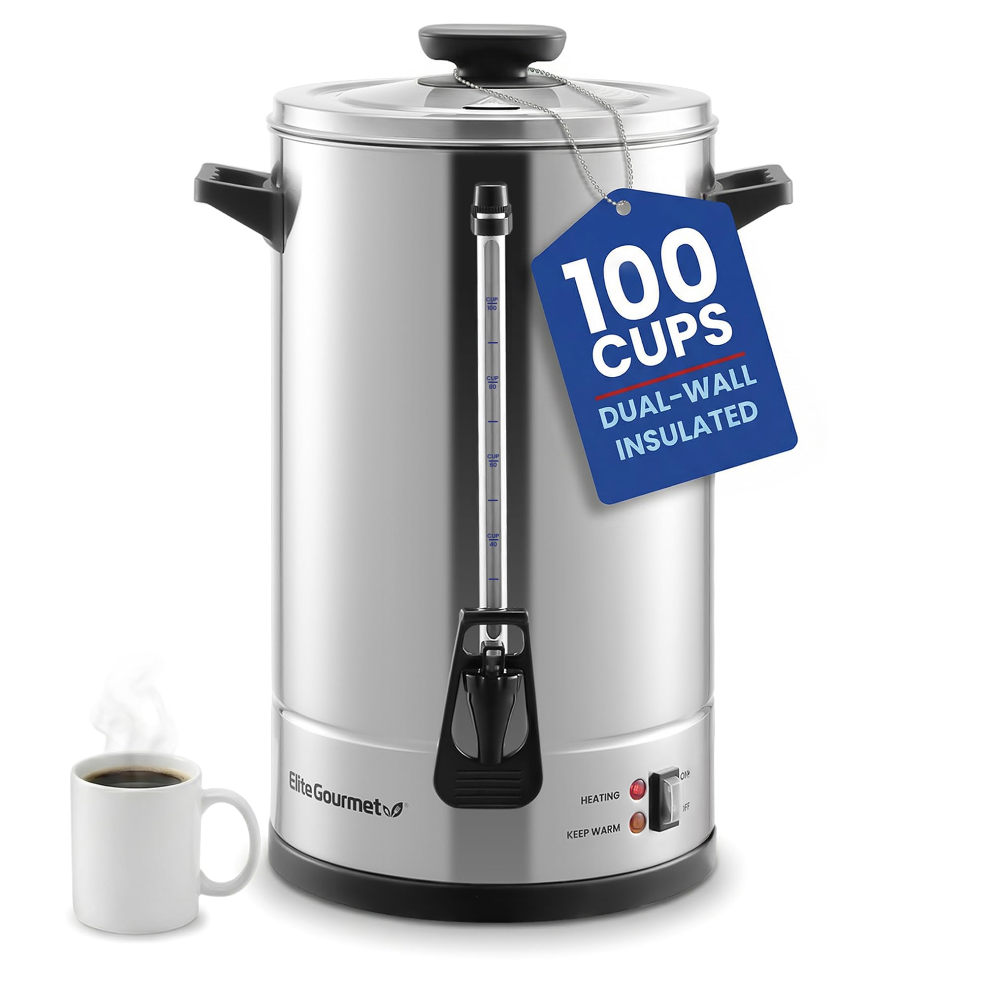 Elite Gourmet 100-Cup Commercial Coffee Urn & Hot Water Boiler – Dual-Wall Insulated