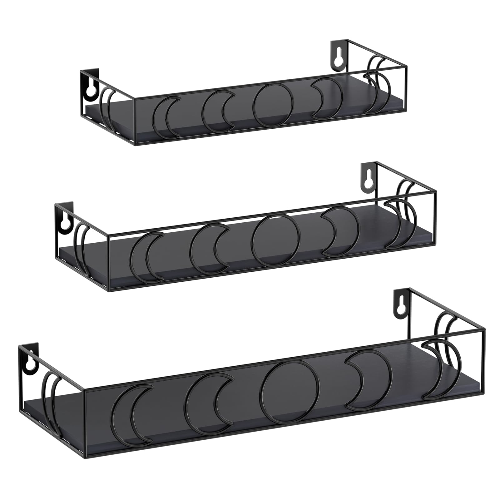 Serwrsw Moon Phase Wall Shelves Black, 3 Pack Small Floating Book Plant Shelves for Bedroom Kid Room, Decorative Storage Display Shelf for Crystal