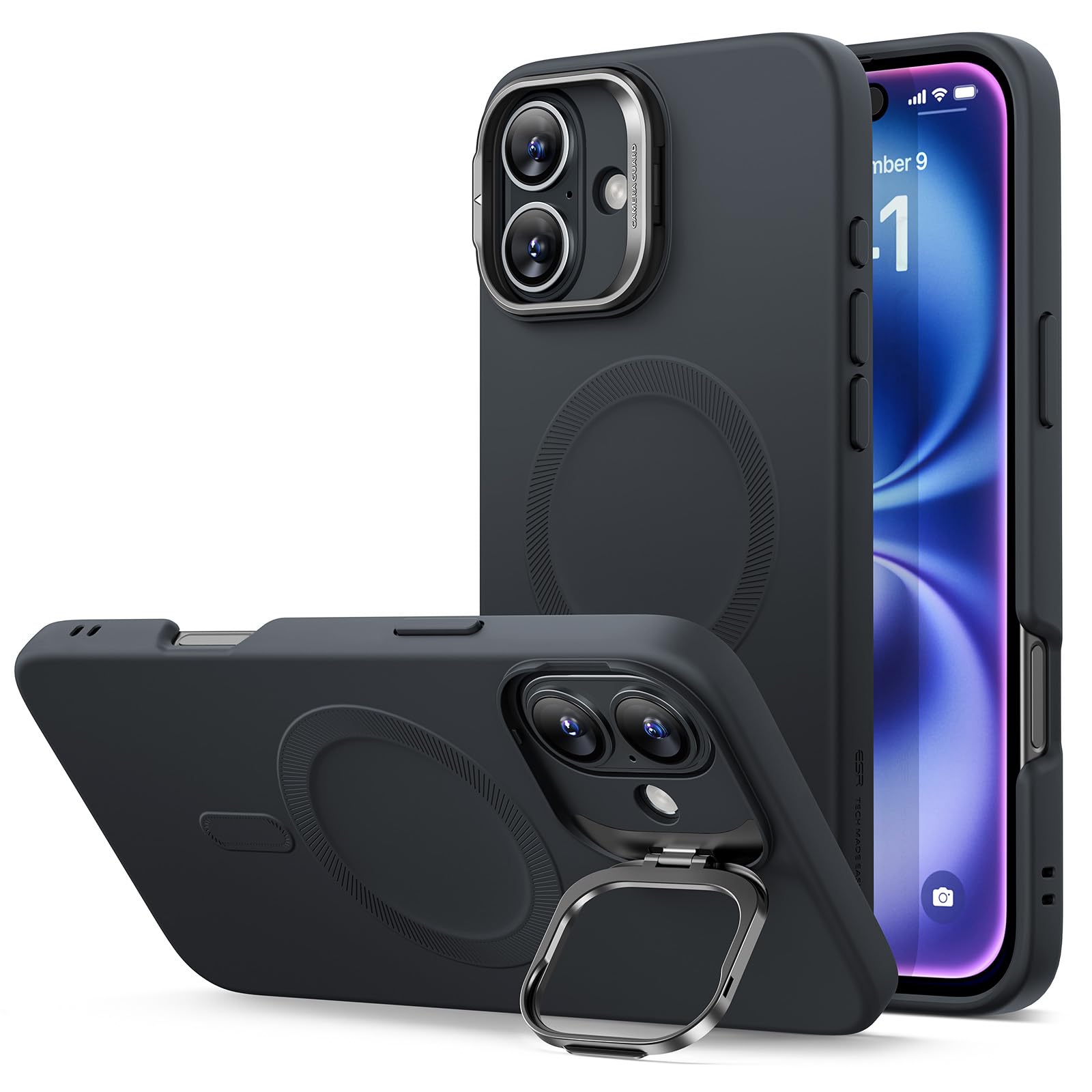 ESR for iPhone 16 Case, Military-Grade Protection, Built-In Camera Stash Stand, Magnetic Phone Case for iPhone 16, Cloud Series, Black