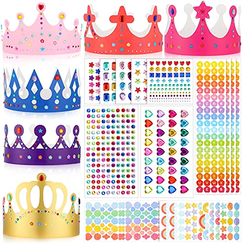 24 Pieces Paper Princess Prince Crowns 8 Pieces Gem Stickers Jewels Stickers and 6 Pieces Adhesive Number Letter Stickers for Kids Boys Girls Classroom Birthday Party Hats DIY Craft Decoration