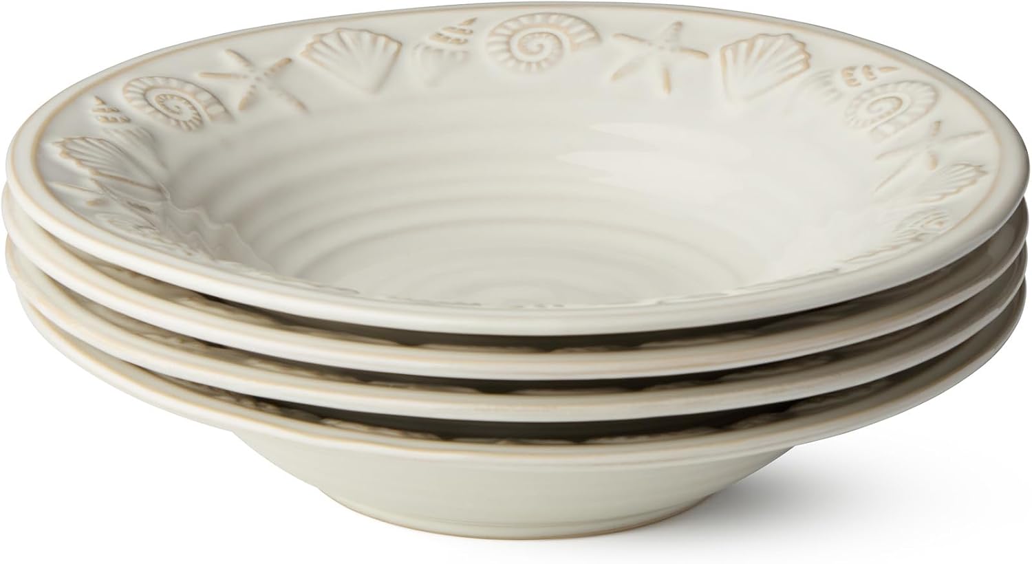 Coastline Cream Stoneware SOUP/CEREAL BOWLS SET of 4, 9 x 2 inch embossed coastal shell and starfish bowls with glossy glaze