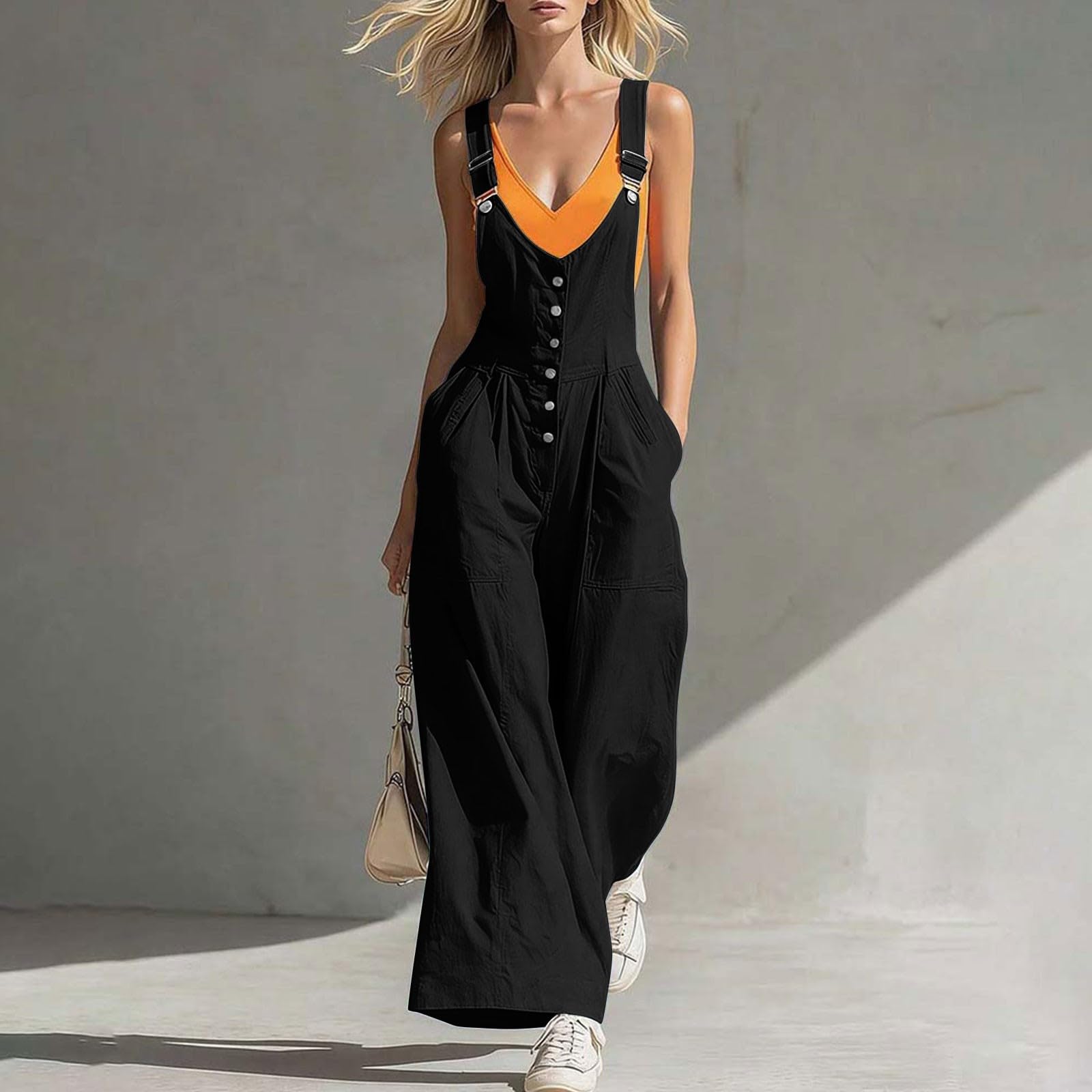 Generisch Salopette da donna lunga a gamba larga, tuta sexy con scollo a V, tuta estiva sciancrata, bretelle regolabili, oversize, salopette larghe, tinta unita, casual