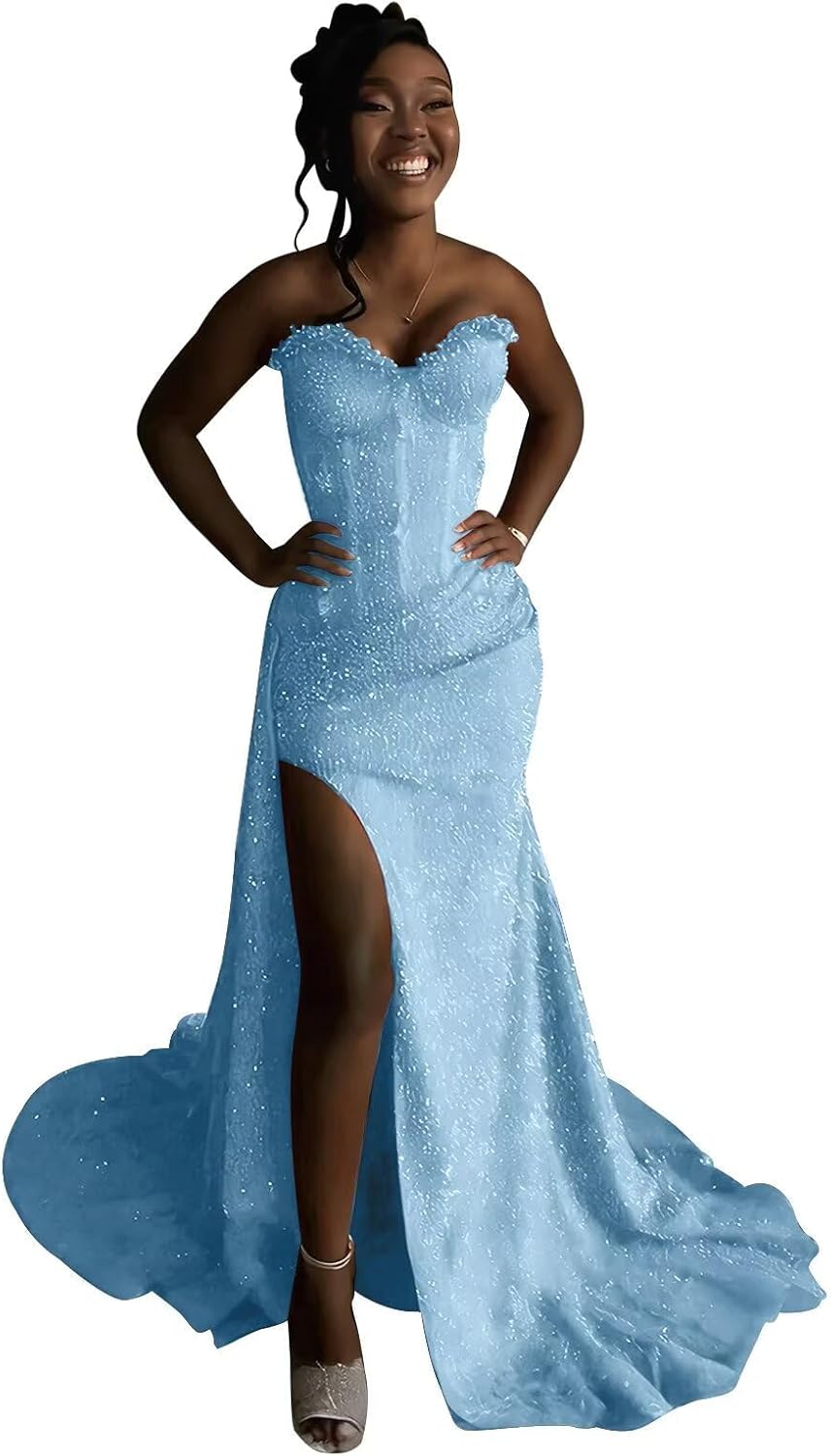 Sparkly Sequin Prom Dresses Long Mermaid Corset Formal Dress Ruched Strapless Cocktail Party Gown with Slit AFC826