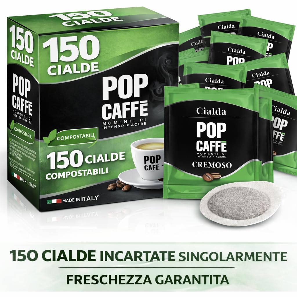 POP Caffè Cialde ESE 44 Compostabili – 150 Cialde Caffè Miscela Rossa Cremosa, Espresso Intenso, Compatibili con Macchine ESE 44mm