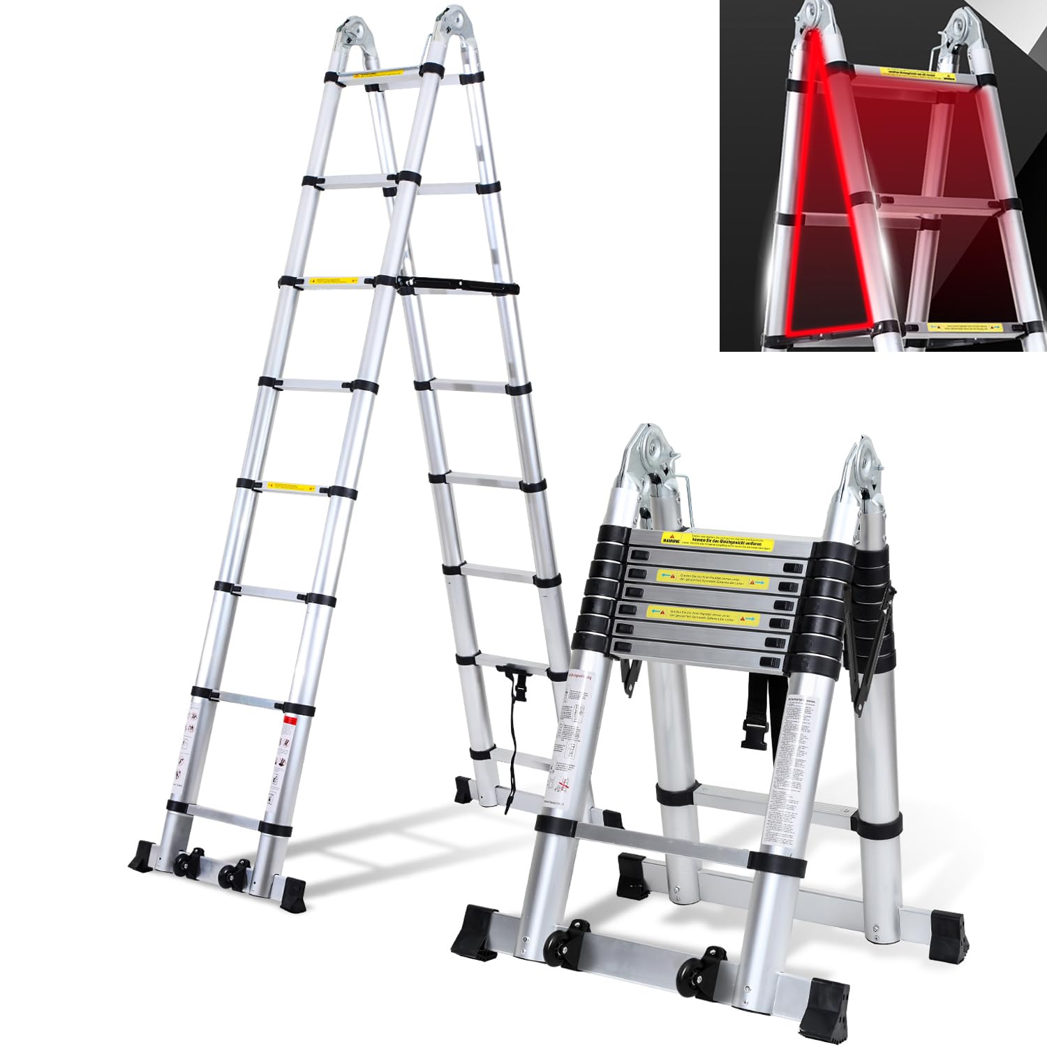 Escalera telescópica plegable de aluminio con ruedas dobles extraíbles, 5 m (2,5 + 2,5 m) carga máxima de 150 kg, color plateado