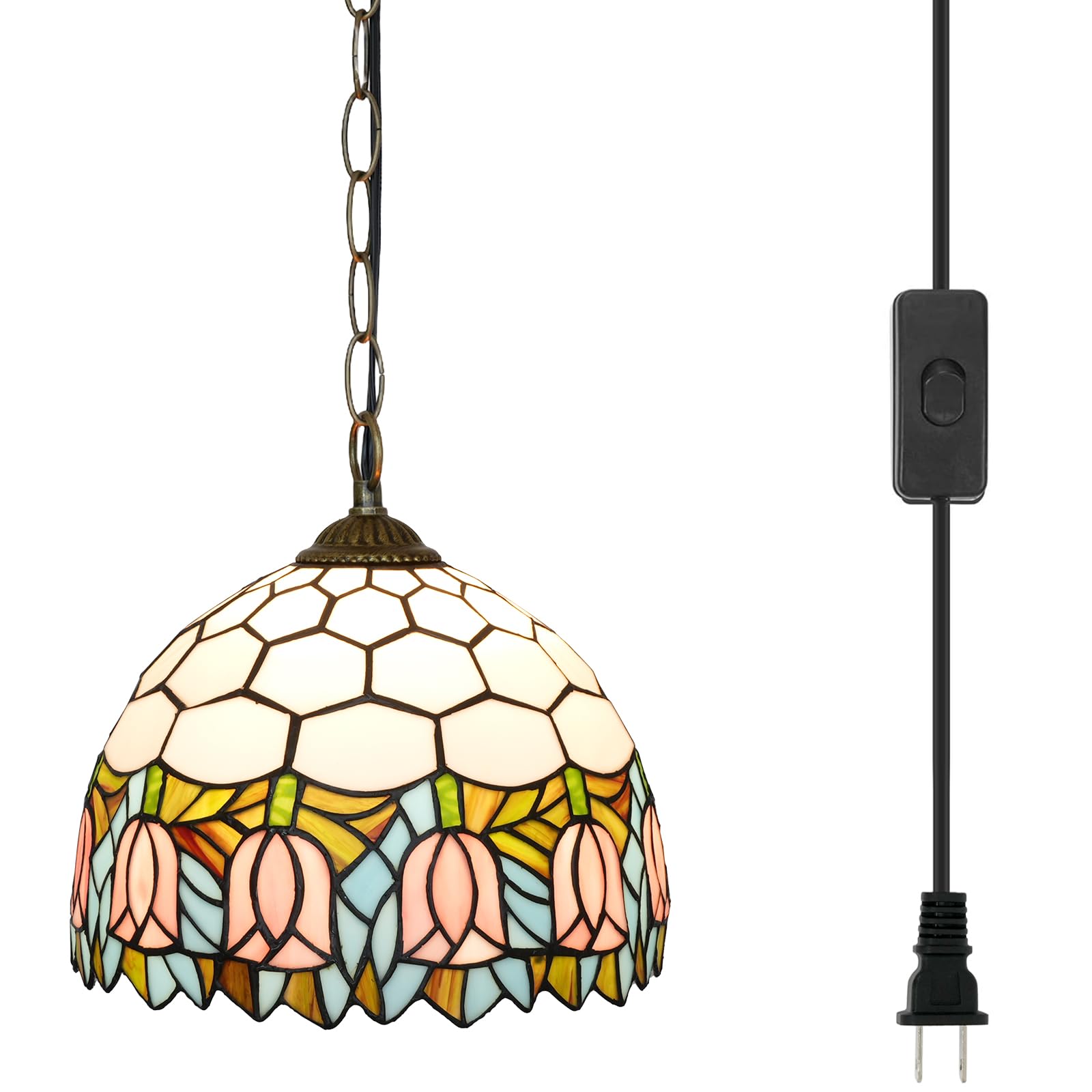 Blivuself Pink Tulips Tiffany Pendant Light Fixtures 12inch Stained Glass Pendant Lighting Vintage Style Hanging Lamp for Home Decor Kitchen Island Dining Room Hallway Bar