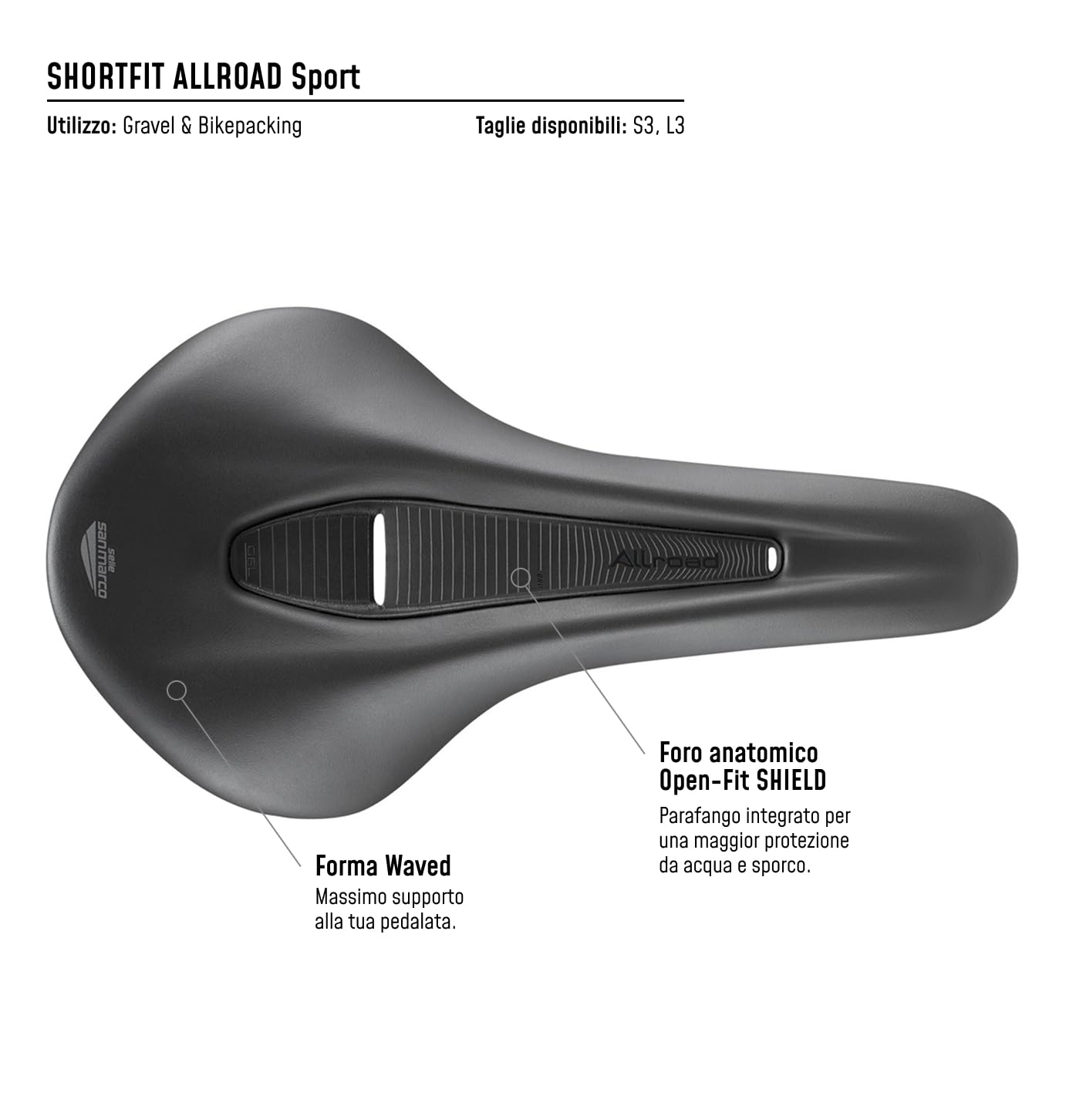 Selle San Marco SHORTFIT ALLROAD Sport - Sella Bici Gravel e All-Road, Comfort Ergonomica, Binari Acciaio