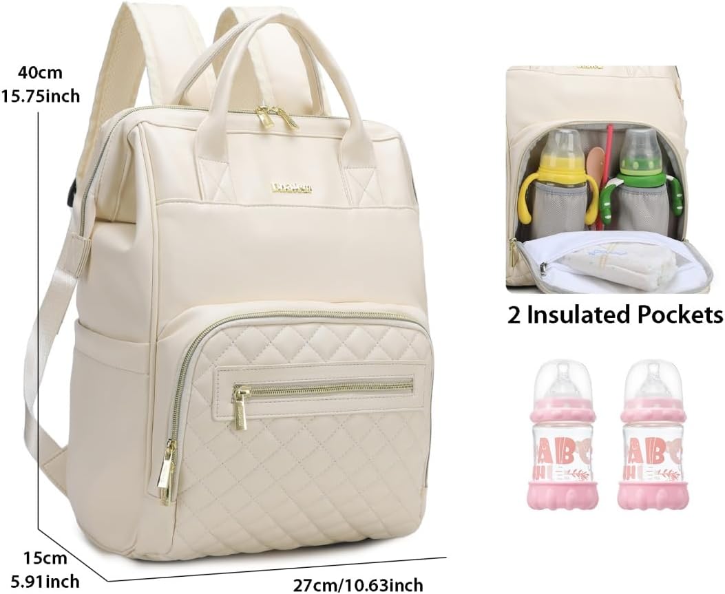 Baby Diaper Bag Backpack, Vegan Leather Diaper Backpack with Laptop Compartment 15.6 inch, Baby Bag Large Capacity, Waterproof Travel Backpack (Beige)