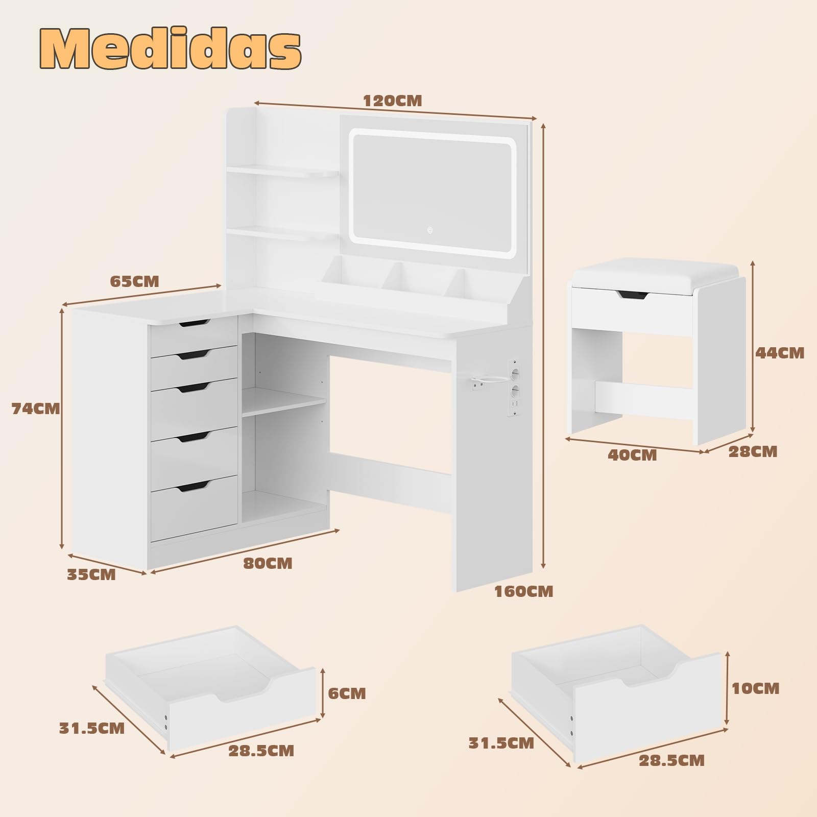 TRIUMPHKEY Tocador de Esquina con Espejo, Mesa de Maquillaje con Luces LED Brillo Ajustable con Enchufes, Soporte para Secador, 5 Cajones, Estante Abierto, Armario Lateral, Moderno, Blanco